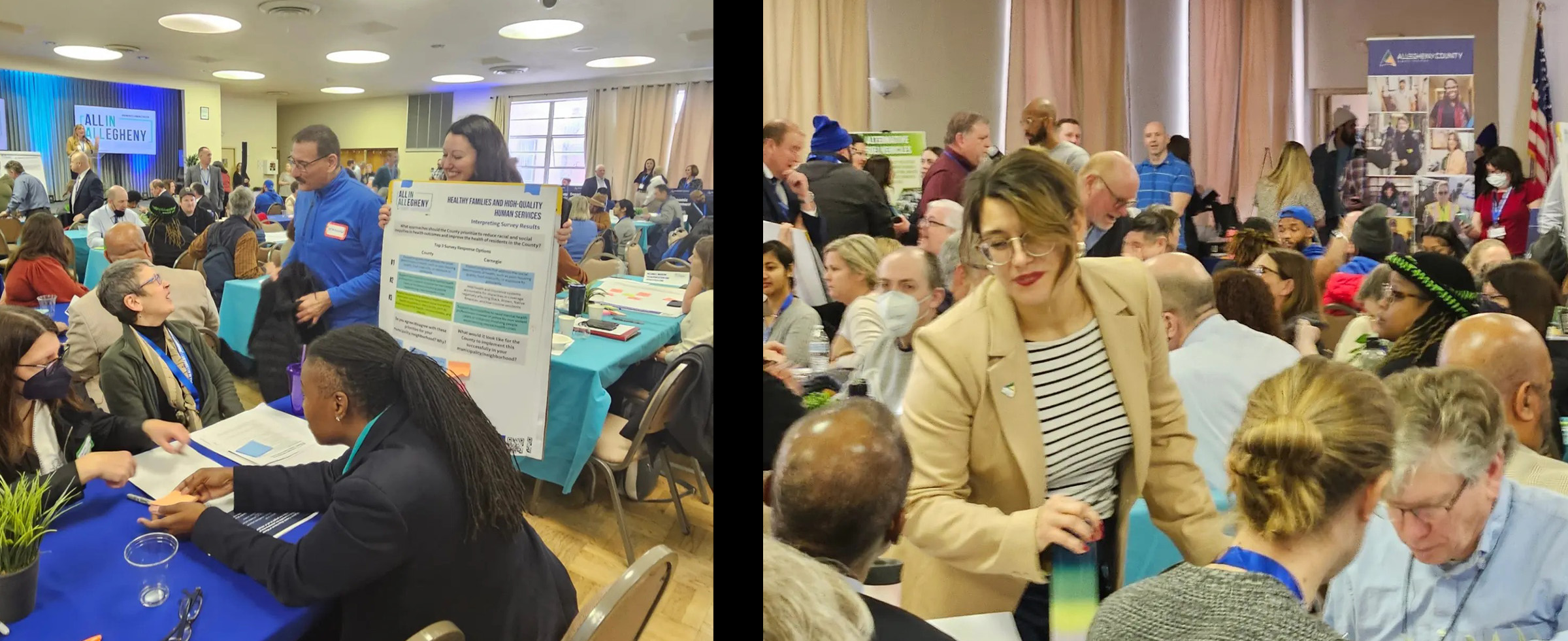 People gathered for a meeting with new Allegheny County Executive Sara Innamorato.