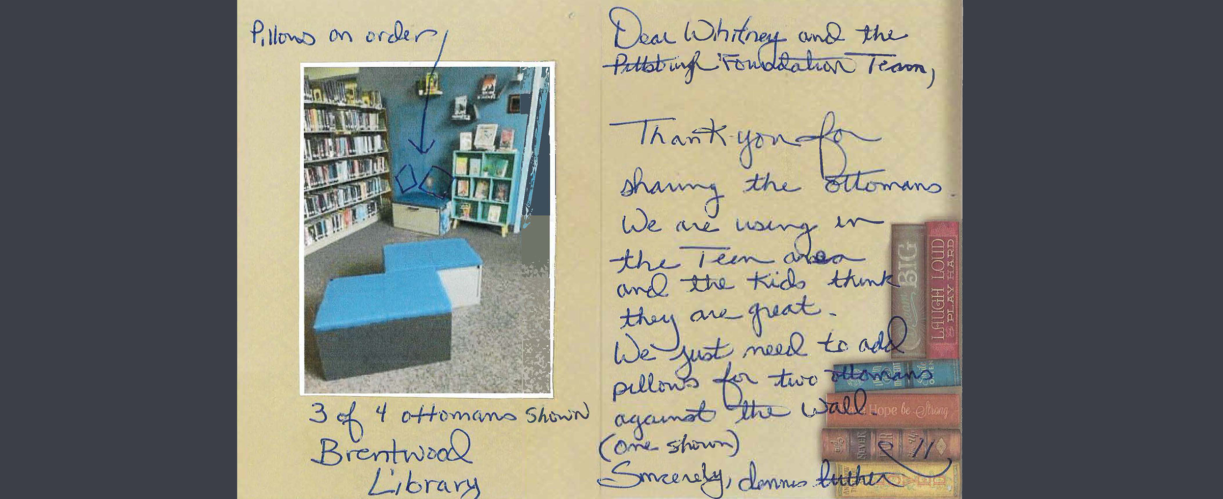 Postcard from Brentwood Library thanking The Pittsburgh Foundation for its donation of office furniture.
