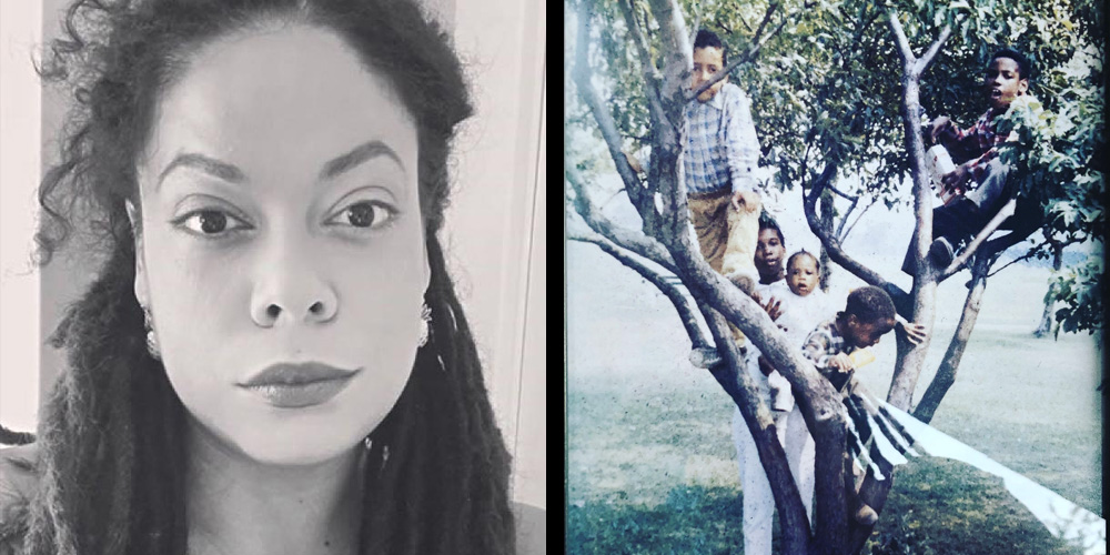 The photo on the right is one that Priest would like to have as the book cover of “The Black Outside.” It is a photo of my father (Pierre) left and his siblings (from right to left: my Aunt Niecy holding my Aunt Nettie, my Uncle Tyrone and my Uncle Bubble/Andre. They are Black children climbing a Black tree. It is an image of Black Ecology. Image credit: Dennis Priest.