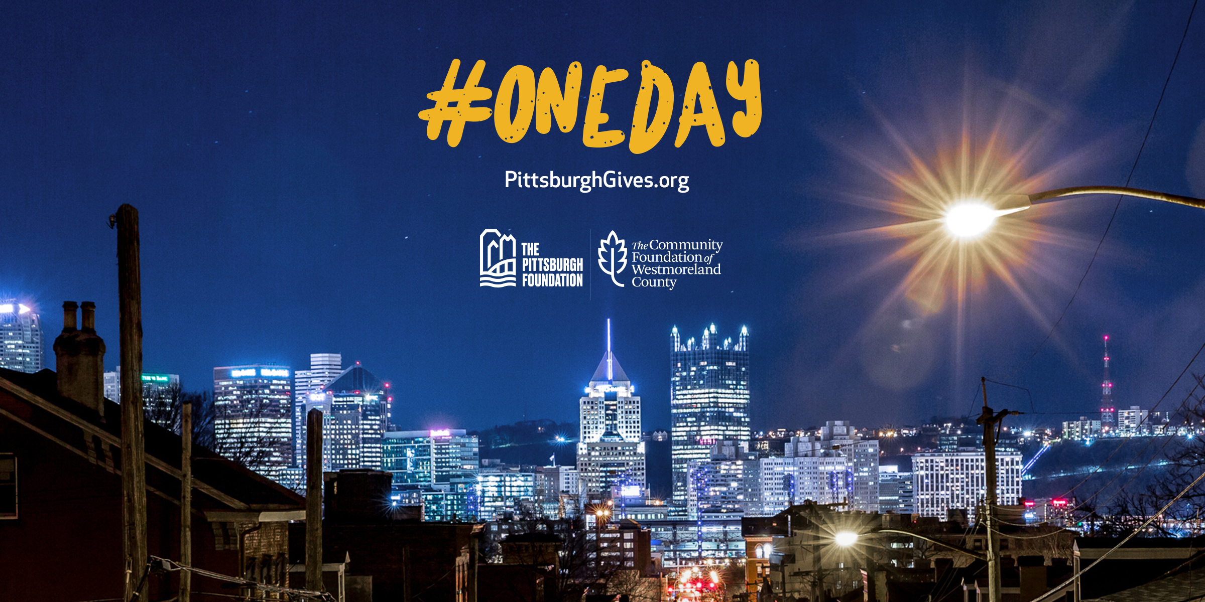 #ONEDAY Critical Needs Alert is an online giving event held Aug. 1, 2023. The image is of the Pittsburgh skyline with #ONEDAY hashtag text.