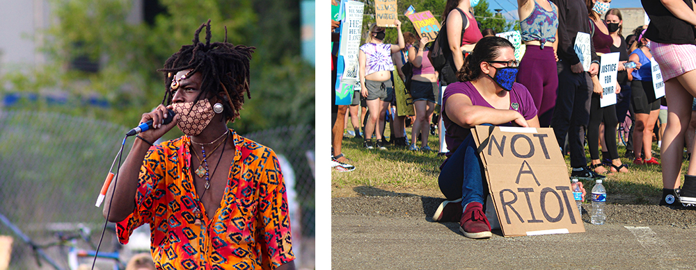 Left: Jimmy Reise, one of the leaders of the group Black, Young & Educated (BYE), delivers remarks to the crowd of protesters during the last ‘Civil Saturday’ event on Sept.12. Right:  “Not a Riot: A white protester attends the ‘Justice For Romir Talley’ demonstration on Aug. 23 carrying a ‘not a riot’ sign. 