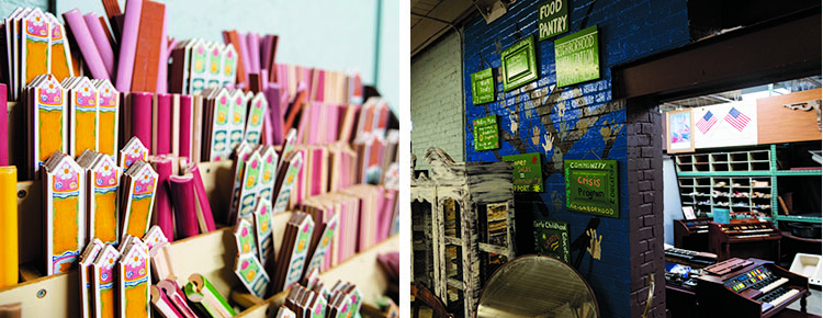 Salvaged tiles and hand-painted signs inside the American Architectural Salvage business in Mount Pleasant, Pa., on Feb. 18, 2022.