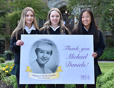 Recipients of the Margaret Daniels Scholarship at St. Joseph Academy for girls: Madison Bammerlin, Paige Bammerlin and Monica Saurette. Image by Laura McCarty Waryk.