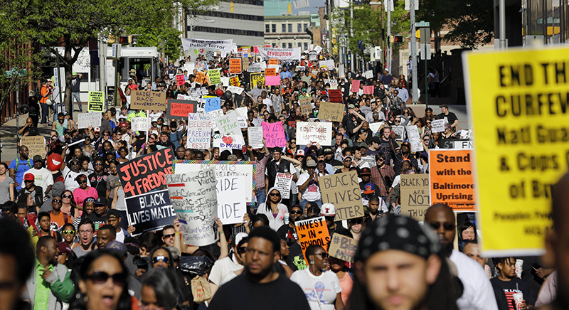 Protestors in Baltimore on April 29, 2014, following the death of Freddie Gray while in police custody.