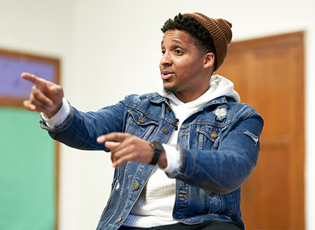 Seth Whitted of Whitted Media and The Genesis Collective teaches podcasting to students of Aliquippa Impact in Aliquippa, PA. (Photo credit: Erin Ninehouser).