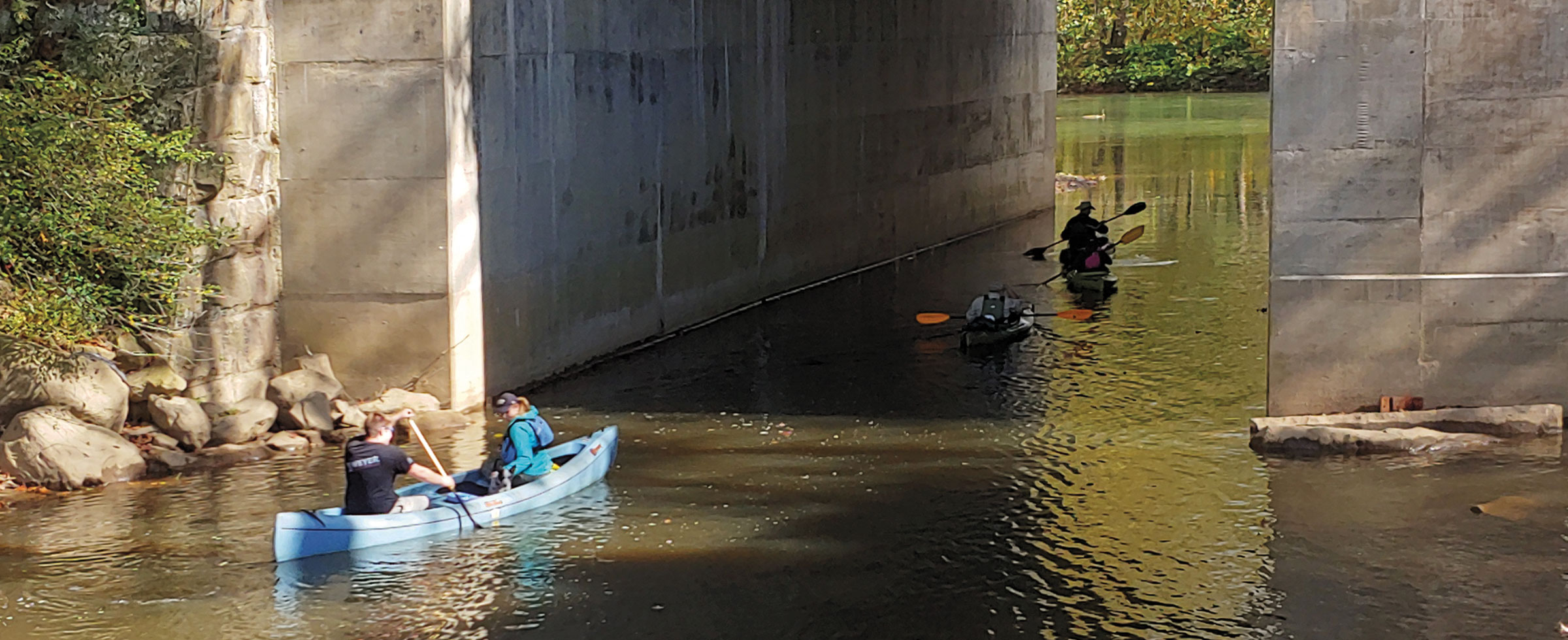 Kayakers paddle toward the Conemaugh River following dedication of a new boat launch in Bolivar, Westmoreland County. Photo by Joe St. Clair.