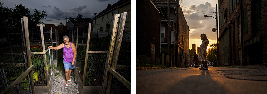 On left: Zinnia Scott poses for a portrait in her vegetable garden outside her home in the Homewood neighborhood of Pittsburgh in August of 2020. On right: Adreonna Rawlings, 5, stops to wait for her mother and sister while they walk home in Wilkinsburg on a Saturday evening. 