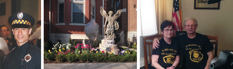 Photo collage of Officer Paul Scuillo in uniform. The photo of the permanent memorial for the Fallen Heroes in Bloomfield. And the third image is Susie and Max Sciullo, Paul’s parents, sitting in their house in Bloomfield. 