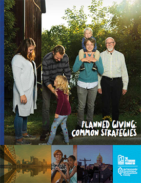 Planned Giving Common Strategies brochure cover with photos of a family and Pittsburgh skyline.