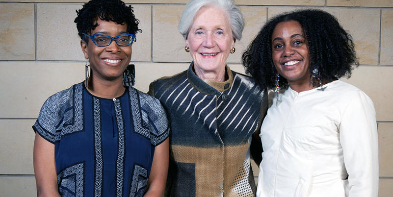 2016 Carol R. Brown Creative Achievement awardees pictured with Carol R. Brown (middle): writer Yona Harvey, Established Artist Award recipient (on left) and fashion designer Tereneh Mosley, Emerging Artist Award recipient (on right).