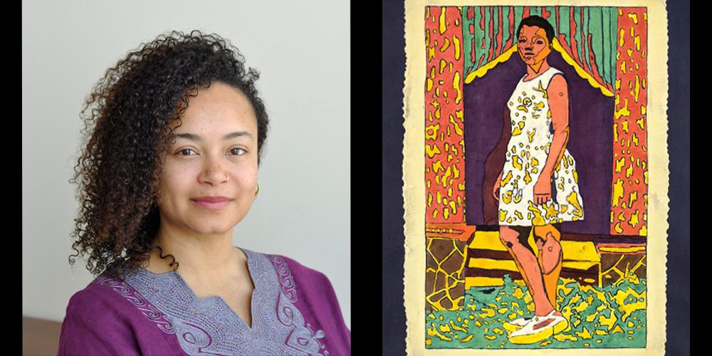 Addoley Dzegede (right), "Center Stage" Year: 2021 Medium: reactive dye on cotton (batik and painted)