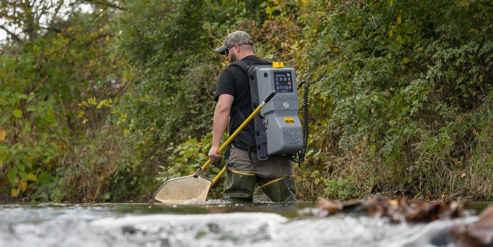 Josh Penatzer, Project Manager for the Loyalhanna Watershed Association electro fishes in Mill Creek near Ligonier. By lightly shocking fish they can see what types and sizes of fish are present without hurting them. The fish are temporarily stunned but are then placed back in the stream.