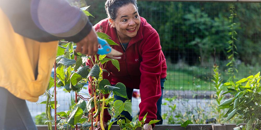 Janet Ward tends to a garden bed in the BTC Center's community garden in Homewood. BTC Center helps build the community by addressing food insecurity, public health and safety issues that are the result of health and social disparities, and other needs of disadvantaged communities.