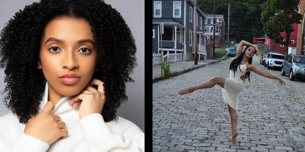 Headshot image of Indira Cunningham by Liz Linett Photography. Ballet in action shot by AJ Smith.