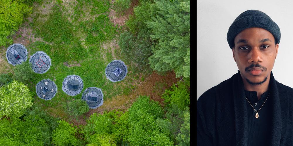 Left: Peachwood Circle & Other Southern Gothics, 2021, Steel, Enamel, Acrylic, Rubber, Nylon, Asphalt, Wood, Glass, Stone, Stone Dust, Aluminum, 5ft x 80ft x 24ft Photo credit: Frank DiNardi (DiNardi Visual Productions). Head shot courtesy of the artist.
