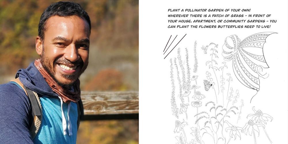 Michael Moorman Goode, right. On the left, a sample page from this coloring book/education project.