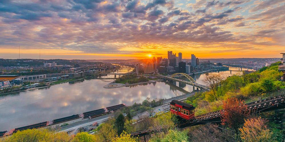 Iconic Duquesne Incline with downtown Pittsburgh skyline in the background. 