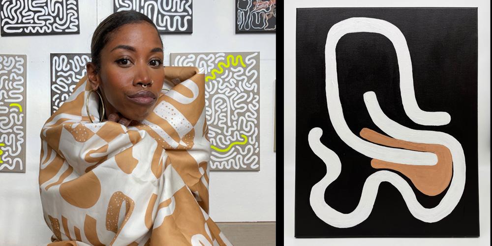 atiya jones (left), artwork "soft sucker-punch," acrylic on linen.
