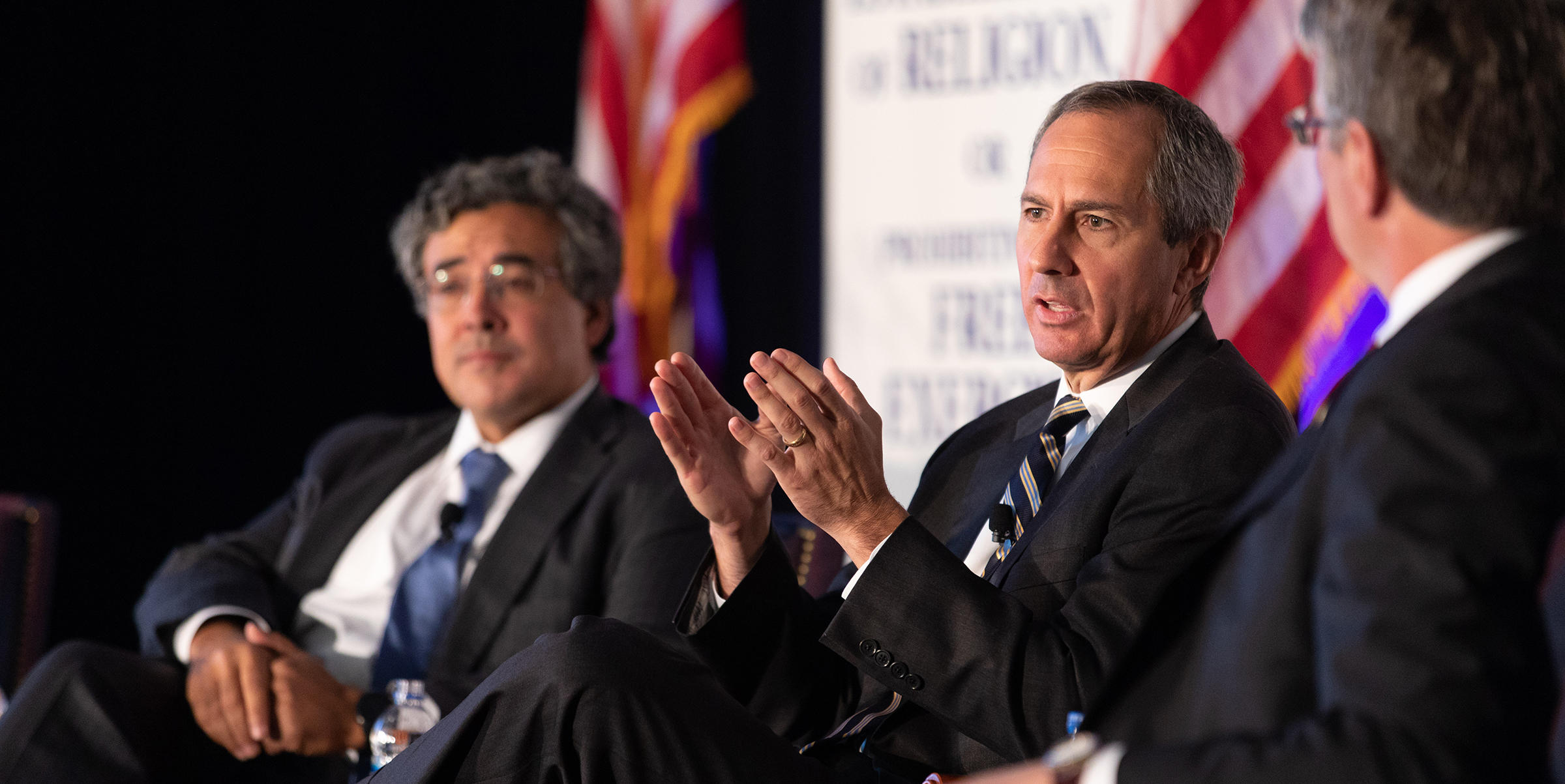 (L to R): Noel Francisco, U.S. solicitor general, Thomas Hardiman, judge, U.S. Court of Appeals for the Third Circuit and Ken Gormley, president of Duquesne University discussing the First Amendment in America's system of laws and government.