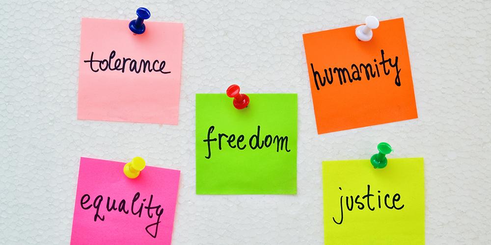 Employee committee work often focuses on the highlighted topics written on the sticky notes in the image: tolerance, freedom, humanity, equality and justice. 