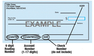 A blue check with circles around bank routing number an account number.